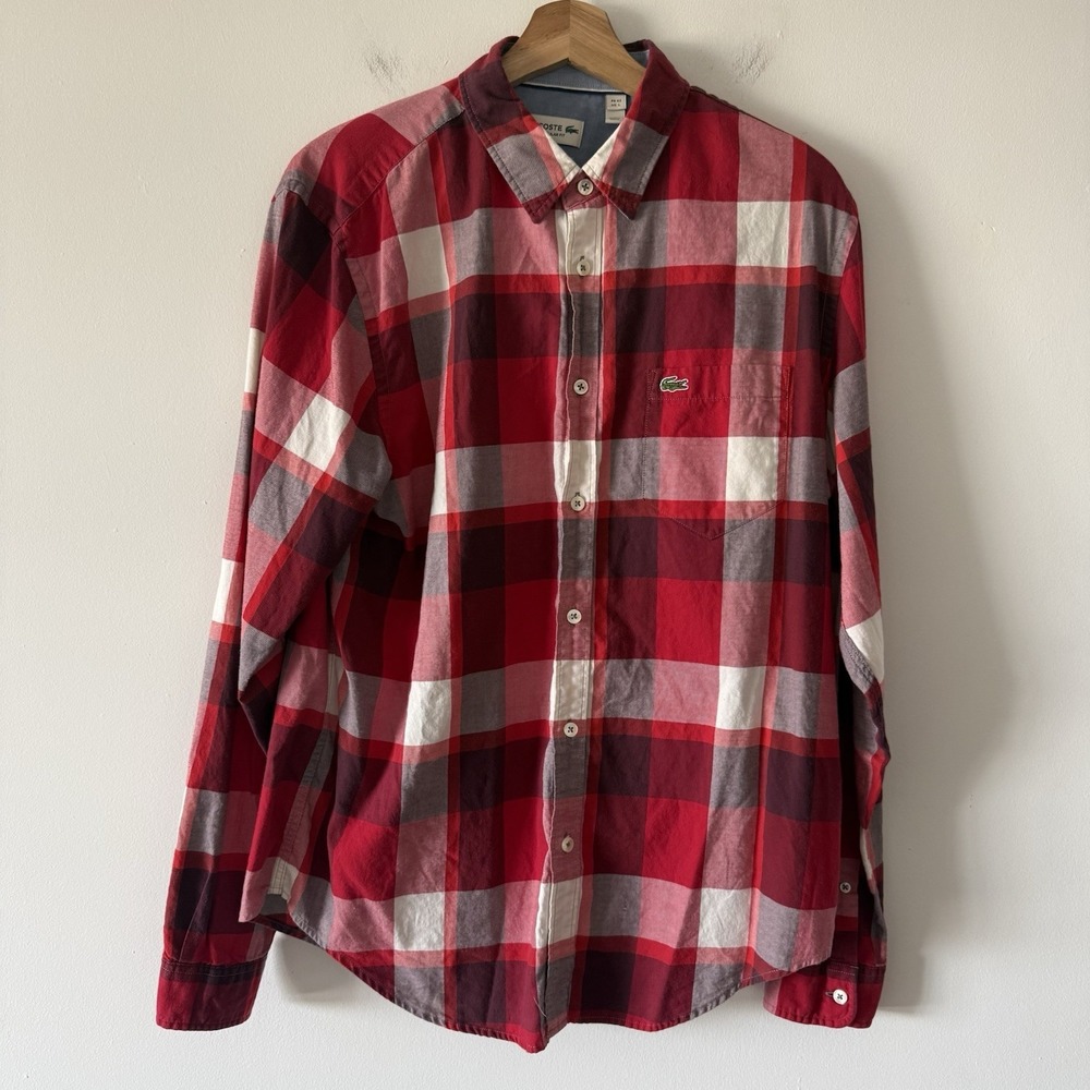 Lacoste Plaid Gingham Button Down Long Sleeve Shirt Large USA Red Casual Work